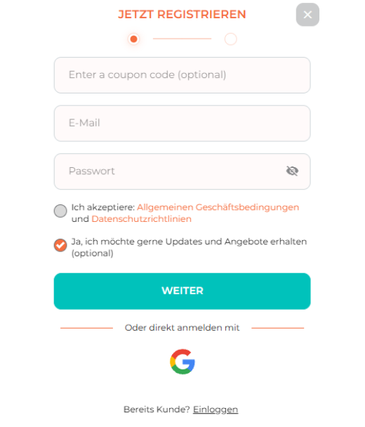 Spininio Registrierung